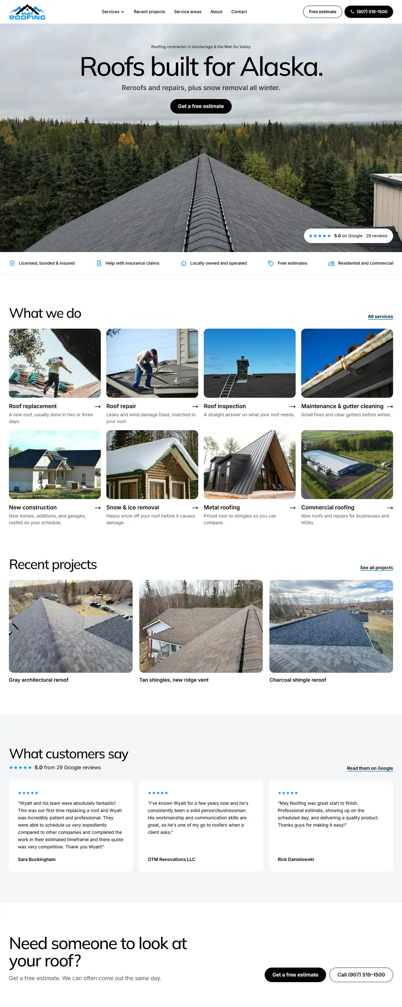 The May Roofing homepage on a laptop: a roof ridge above spruce forest under the headline Roofs built for Alaska