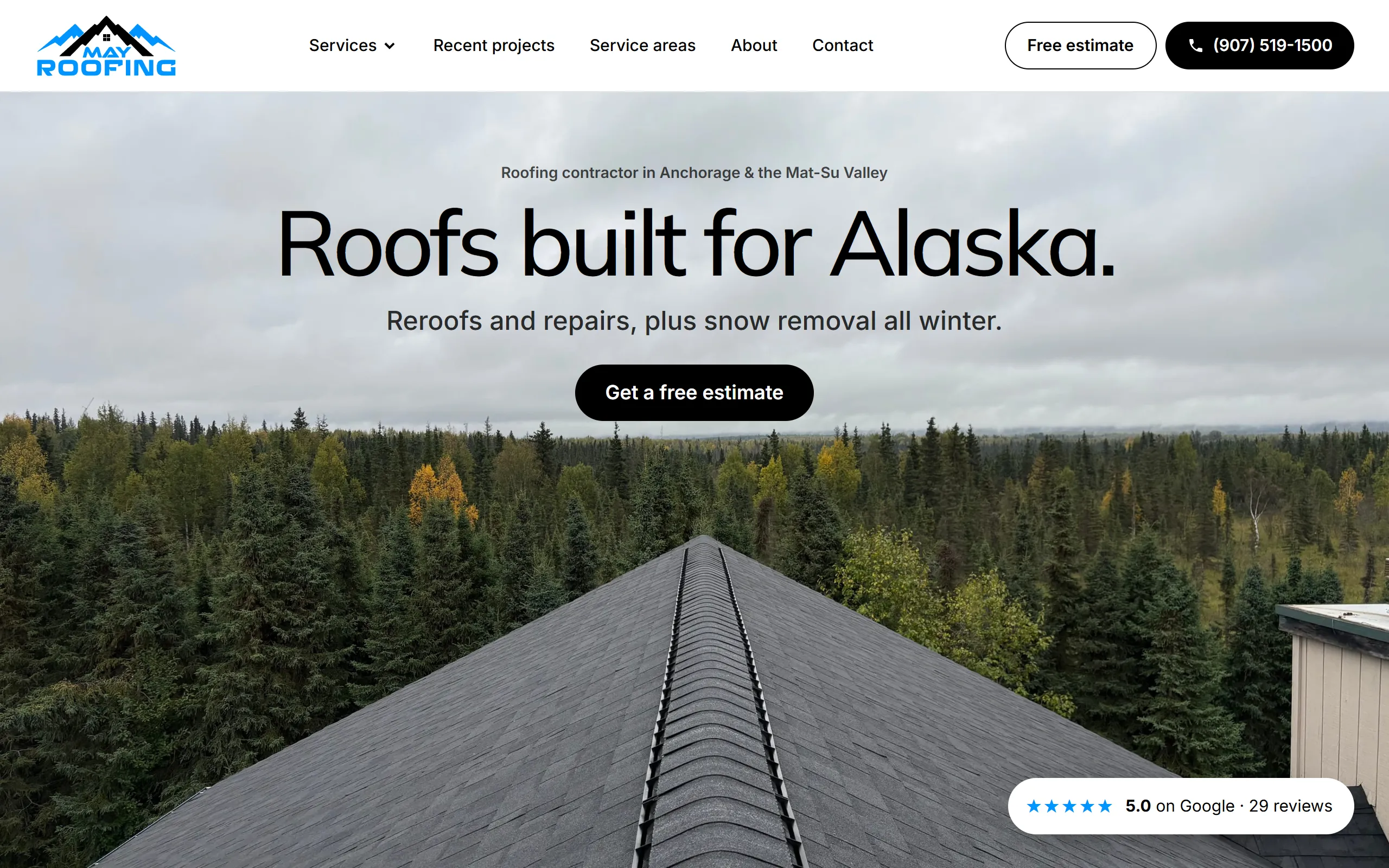 The May Roofing homepage on a computer: a roof ridge above spruce forest under the headline Roofs built for Alaska